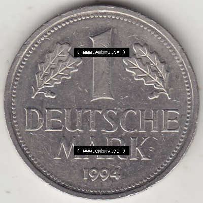 BRD Münzen 1 Deutsche Mark, Umlaufmünze 1950-2001, 1 DM Deutsche Mark, 1994 J-1. Münzen-Rückseite mit Nennwert / Nominalwert... Sammlung