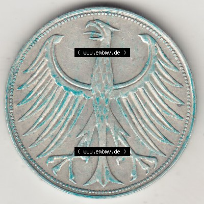 BRD Münzen Silbermünze 1951-1974, 5 DM, 5 Deutsche Mark Silberadler, Heiermann 1957 Münzzeichen / Mzz. "F" für Stuttgart -... Sammlung