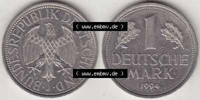 BRD Münzen 1 Deutsche Mark, Umlaufmünze 1950-2001, 1 DM Deutsche Mark, 1994 J-1. Münzen-Rückseite und Münzen-Vorderseite... Sammlung