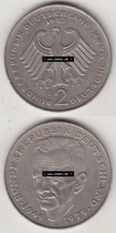 2 DM, Deutsche Mark Kurt Schumacher 1983 D-1 Sammlung