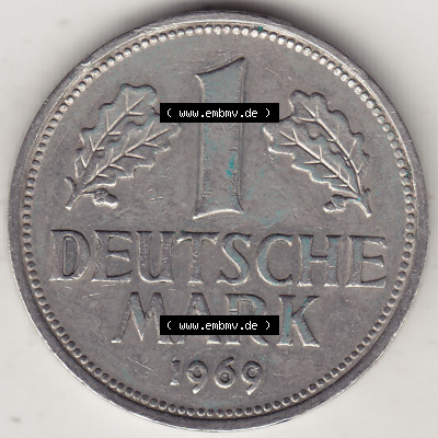 BRD Münzen 1 Deutsche Mark, Umlaufmünze 1950-2001, 1 DM Deutsche Mark, 1969 D-1. Münzen-Rückseite mit Nennwert / Nominalwert... Sammlung