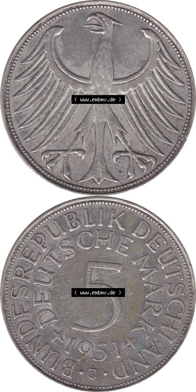 1951-1974, 5 DM aus Deutschland, 5 Deutsche Mark Silberadler, Heiermann 1951 Münzzeichen / Mzz. "J" für Hamburg Sammlung