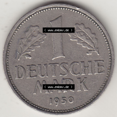 BRD Münzen 1 Deutsche Mark, Umlaufmünze 1950-2001, 1 DM Deutsche Mark, 1950 F-7. Münzen-Rückseite mit Nennwert / Nominalwert... Sammlung