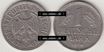 BRD Münzen 1 Deutsche Mark, Umlaufmünze 1950-2001, 1 DM Deutsche Mark, 1950 J-5. Münzen-Rückseite und Münzen-Vorderseite... Sammlung