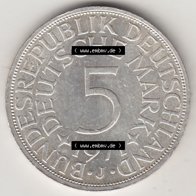 BRD Münzen Silbermünze 1951-1974, 5 DM, 5 Deutsche Mark Silberadler, Heiermann 1971 Münzzeichen / Mzz. "J" für Hamburg - 1.... Sammlung