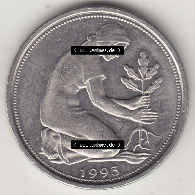 BRD Münzen 50 Pf. Umlaufmünze 1950-2001, 50 Pfennig 1993 J-1. Vorderseite der digitalisierte 50 Pfennig J, mit Mzz. J für Hamburg... Sammlung