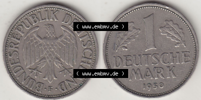 BRD Münzen 1 Deutsche Mark, Umlaufmünze 1950-2001, 1 DM Deutsche Mark, 1950 F-7. Münzen-Rückseite und Münzen-Vorderseite... Sammlung