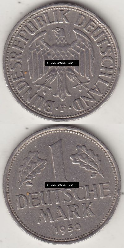 BRD Münzen 1 Deutsche Mark, Umlaufmünze 1950-2001, 1 DM Deutsche Mark, 1950 F-2. Münzen-Rückseite und Münzen-Vorderseite... Sammlung
