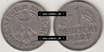 BRD Münzen 1 Deutsche Mark, Umlaufmünze 1950-2001, 1 DM Deutsche Mark, 1950 F-5. Münzen-Rückseite und Münzen-Vorderseite... Sammlung