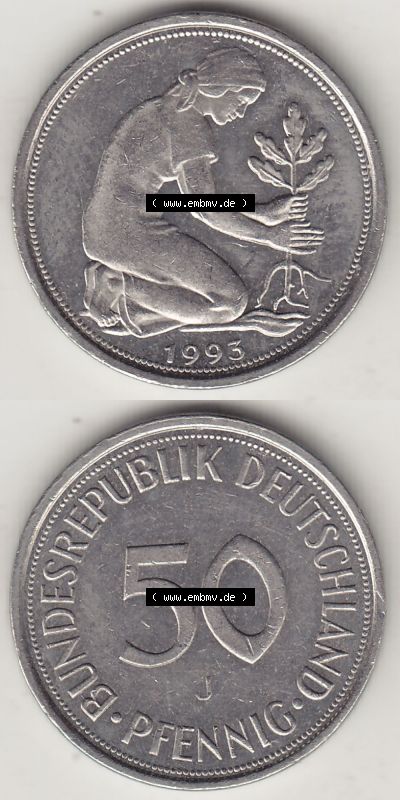 BRD Münzen 50 Pf. Umlaufmünze 1950-2001, 50 Pfennig 1993 J-1. Vorderseite und Rückseite auf einen Bild / Foto vertikal untereinander... Sammlung