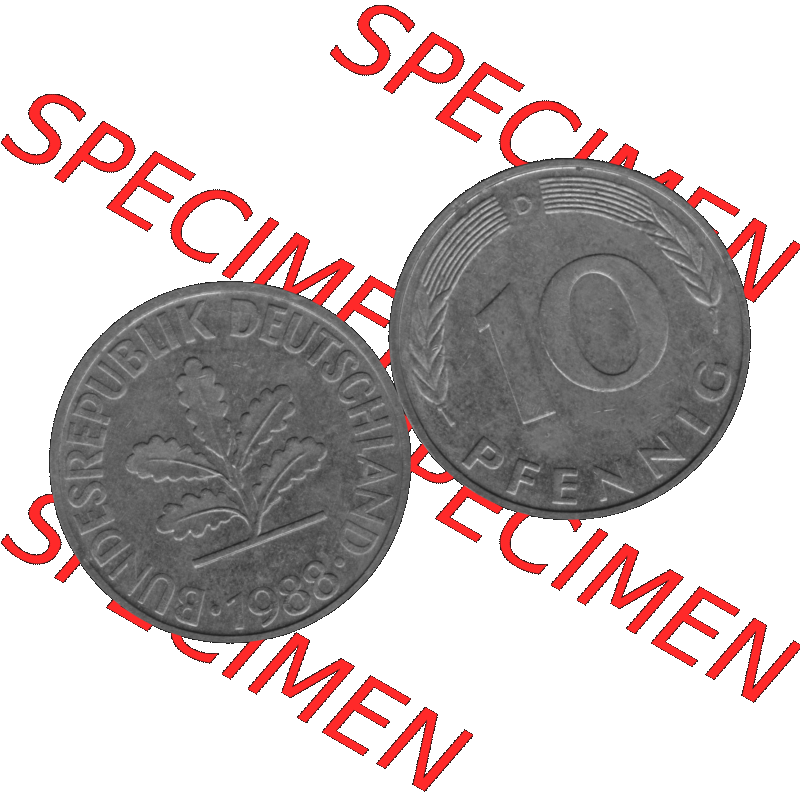 BRD Münzen 10 Pf. Umlaufmünze in PNG 1950-2001, 10 Pfennig 1988 D-01 Graustufen. Graustufen-Bilder der Vorderseite und Rückseite mit Wert-Zahl auf einen Bild / Foto... Sammlung