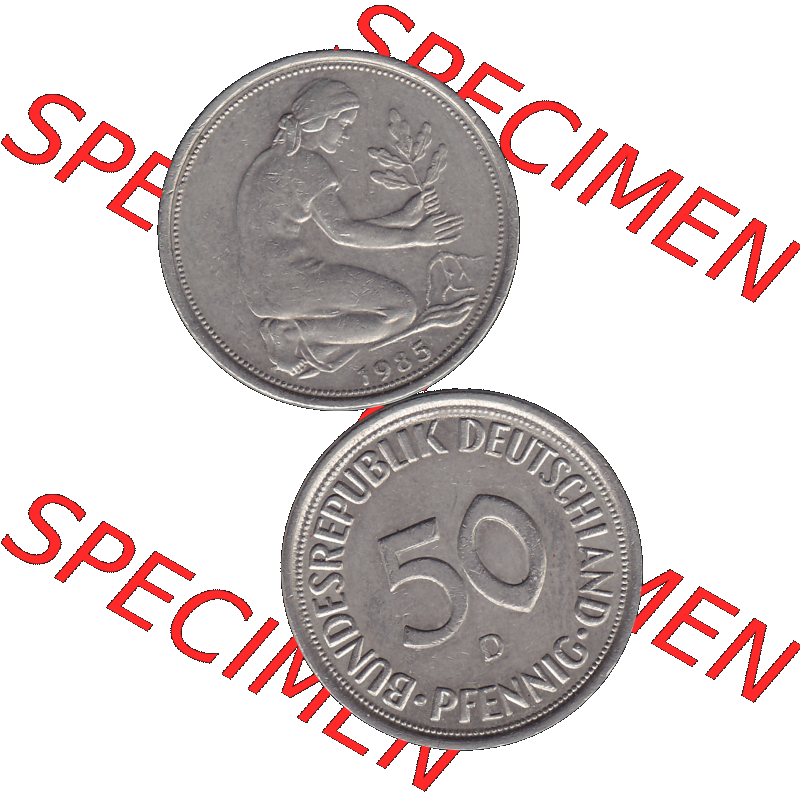 BRD Münzen 50 Pf. Umlaufmünze in PNG 1950-2001, 50 Pfennig BRD Deutschland 1985 D-01. 50 Pfennig Münze der 1980-er Jahre, Vorderseite und Rückseite auf einen... Sammlung