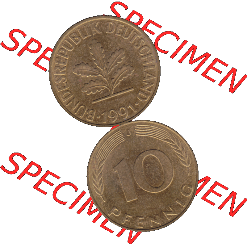 BRD Münzen 10 Pf. Umlaufmünze in PNG 1950-2001, 10 Pfennig der Bundesrepublik Deutschland 1991 Münzstätte Hamburg Mzz. J-01. Vorderseite und Rückseite... Sammlung
