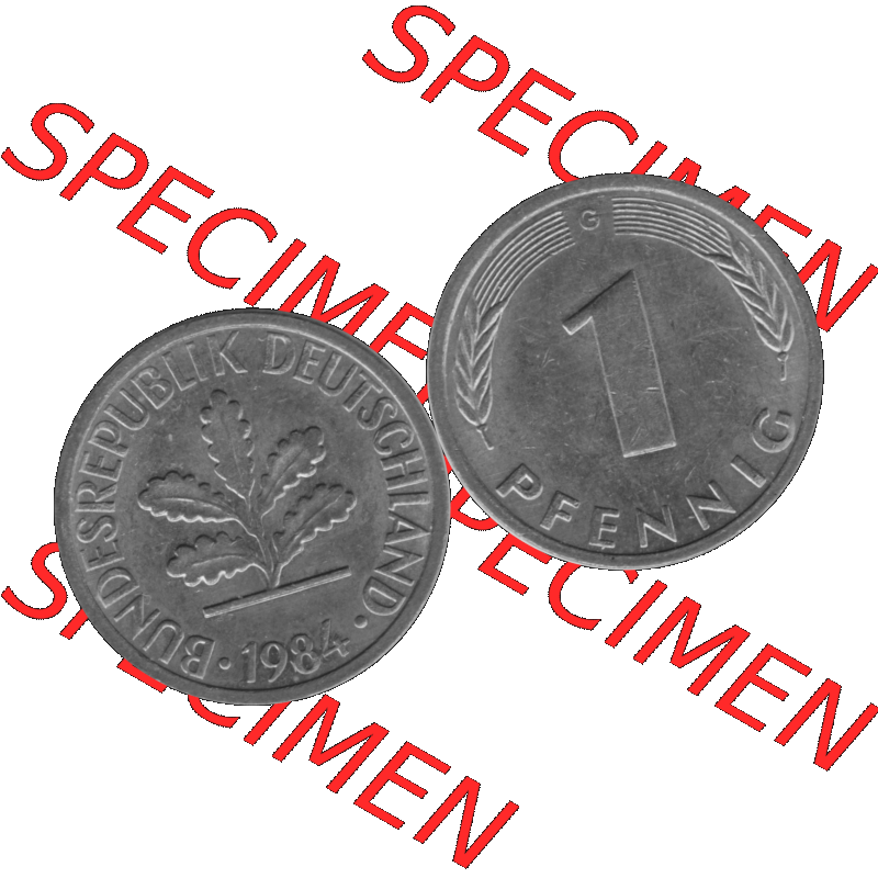 BRD Münzen 1 Pfennig BRD-Deutschland Umlaufmünze in Graustufen PNG 1950-2001, 1 Pfennig 1984, 1980er Jahre Münzstätte Karlsruhe G-01. Graustufen-Bilder der Vorderseite... Sammlung