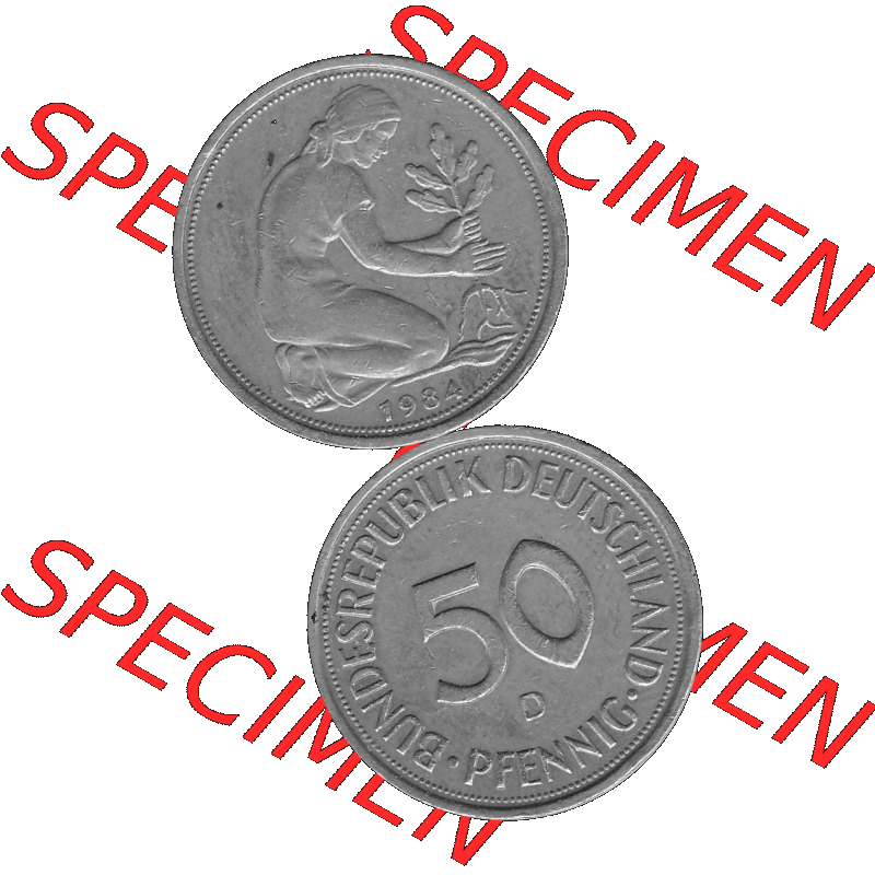 BRD Münzen Deutschland D 50 Pf. Umlaufmünze in Graustufen PNG 1950-2001, 50 Pfennig 1984 Münzzeichen "D" für München - "D"-01 Graustufen.... Sammlung