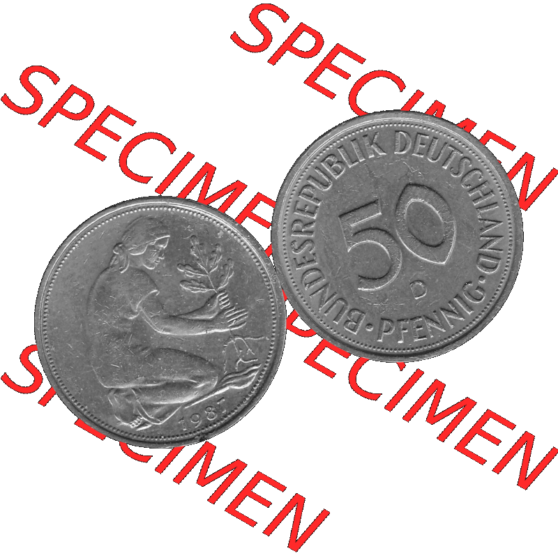 BRD Münzen Deutschland D 50 Pf. Umlaufmünze in Graustufen PNG 1950-2001, 50 Pfennig 1987 Münzzeichen "D" für München - "D"-01 Graustufen.... Sammlung