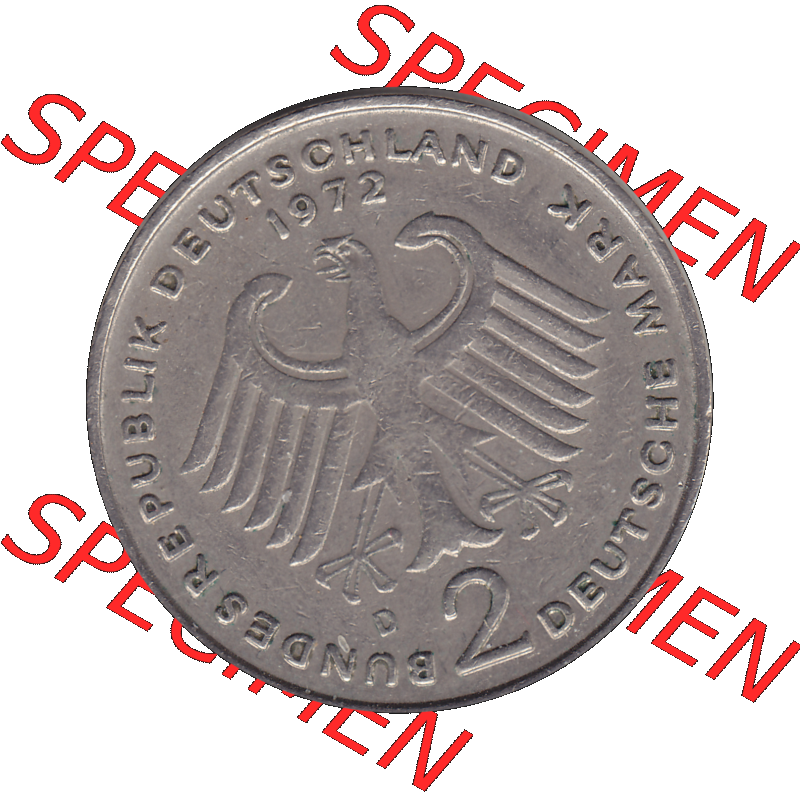 BRD Münzen 2 DM, Gedenkmünze in PNG 1969-1987, 2 DM, Deutsche Mark Konrad Adenauer 1972 Münzzeichen München D-1. Vorderseite mit Deutschen Adler von 2 DM Gedenkmünze... Sammlung
