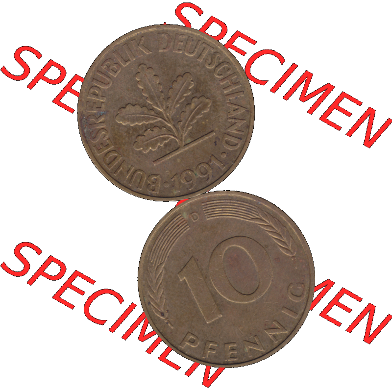 BRD Münzen 10 Pf. Umlaufmünze in PNG 1950-2001, 10 Pfennig 1991 D-02. Vorderseite und Rückseite auf einen Bild / Foto vertikal untereinander zusammengefügt,... Sammlung