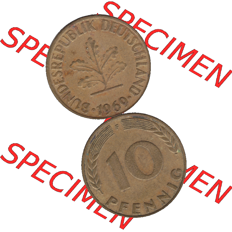 BRD Münzen 10 Pf. Umlaufmünze in PNG 1950-2001, 10 Pfennig 1969 F-08. Vorderseite und Rückseite auf einen Bild / Foto vertikal untereinander zusammengefügt,... Sammlung