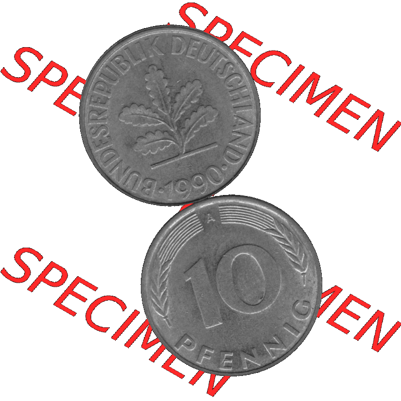 BRD Münzen 10 Pf. Umlaufmünze in PNG 1990-2001, 10 Pfennig 1990 A-01 Graustufen. Graustufen-Bilder mit Vorderseite und Rückseite auf einen Bild / Foto vertikal untereinander... Sammlung