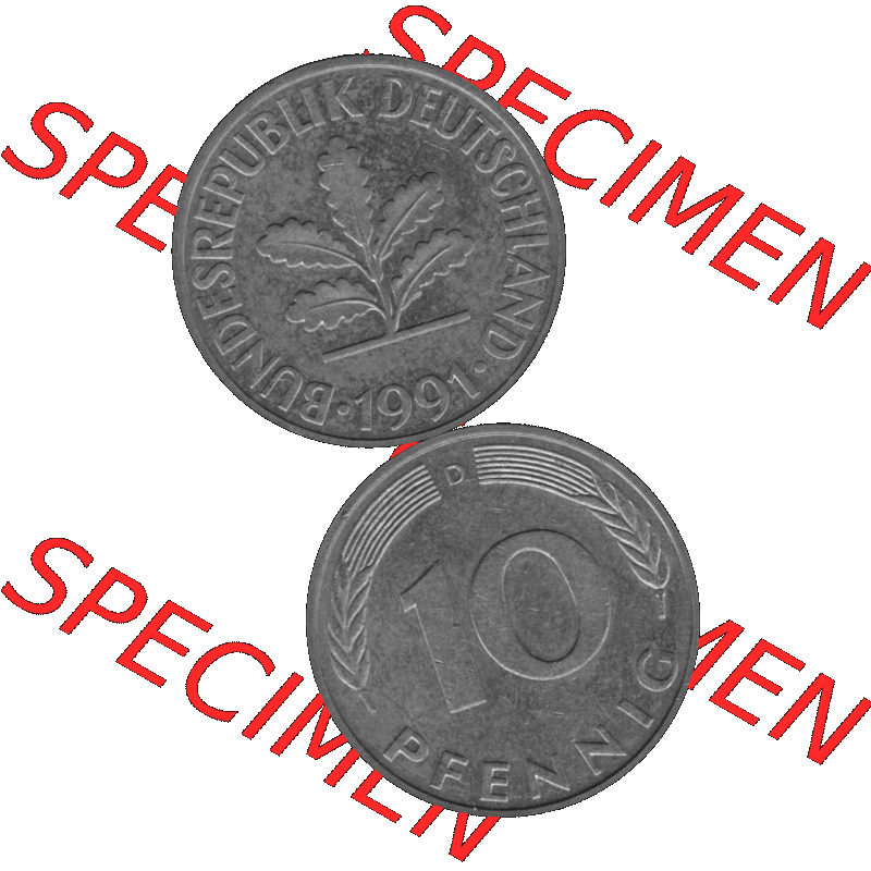 BRD Münzen 10 Pf. Umlaufmünze in PNG 1950-2001, 10 Pfennig 1991 D-01 Graustufen. Graustufen-Bild erstellt aus Farbigen Bild mit Vorderseite und Rückseite auf einen Bild... Sammlung
