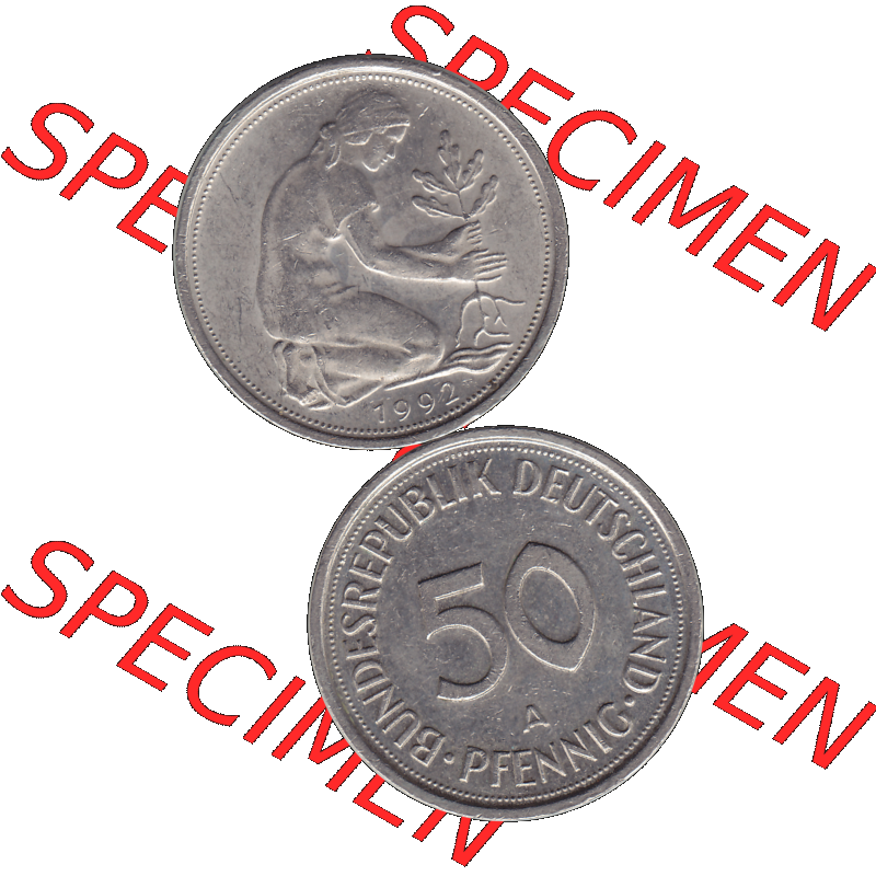 BRD Münzen 50 Pf. Umlaufmünze in PNG 1990-2001, 50 Pfennig BRD Deutschland 1992 Mzz. Berlin A-1. Transparente Vorderseite und Rückseite der Münze vertikal... Sammlung