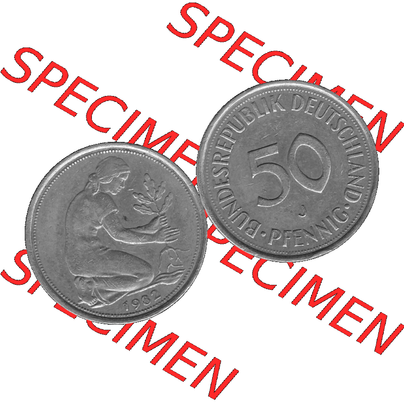 BRD Münzen Deutschland J 50 Pf. Umlaufmünze in Graustufen PNG 1950-2001, 50 Pfennig 1982 Münzzeichen "J" für Hamburg "J"-01 Graustufen. PNG Computer-Grafik... Sammlung
