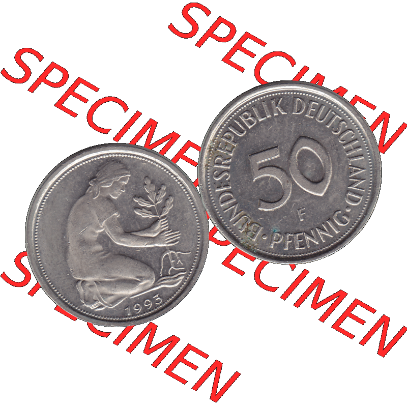 BRD Münzen 50 Pf. Umlaufmünze in PNG 1950-2001, 50 Pfennig BRD Deutschland 1993 Stuttgart F-1. Transparente Vorderseite und Rückseite als PNG-Grafik mit Wert-Zahl von... Sammlung