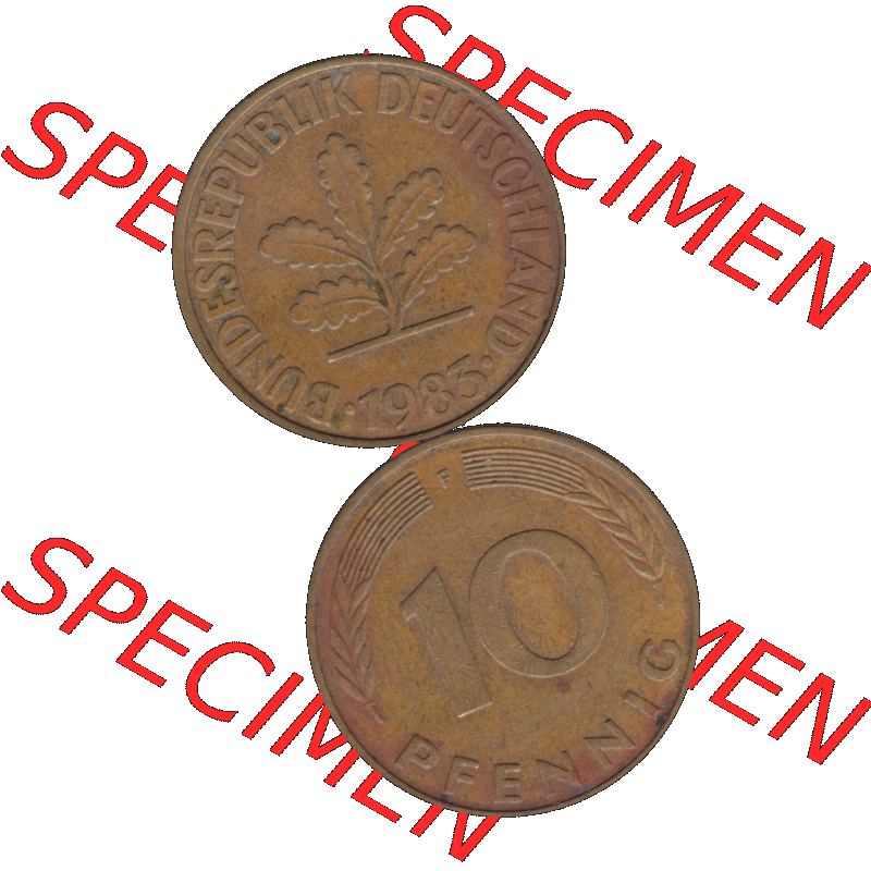 BRD Münzen 10 Pf. Umlaufmünze in PNG 1950-2001, 10 Pfennig 1985 F-01. Vorderseite und Rückseite auf einen Bild / Foto vertikal untereinander zusammengefügt,... Sammlung