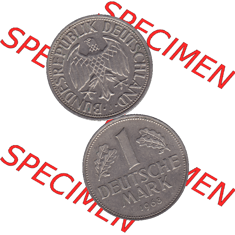 BRD Münzen 1 DM, Umlaufmünze 1950-2001, BRD Deutschland 1 / Eine DM - 1 Eine Deutsche Mark, 1968 Münzzeichen Hamburg Mzz J-1. Münzen-Rückseite und... Sammlung