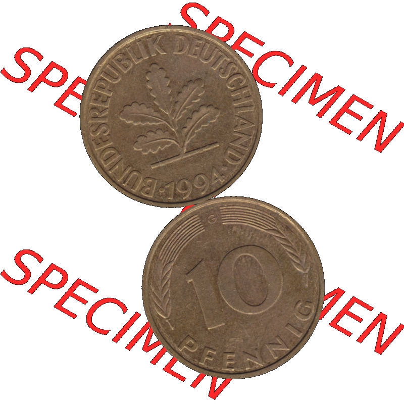 BRD Münzen 10 Pf. Umlaufmünze in PNG 1950-2001, 10 Pfennig 1994 G-12. Vorderseite und Rückseite auf einen Bild / Foto vertikal untereinander zusammengefügt,... Sammlung