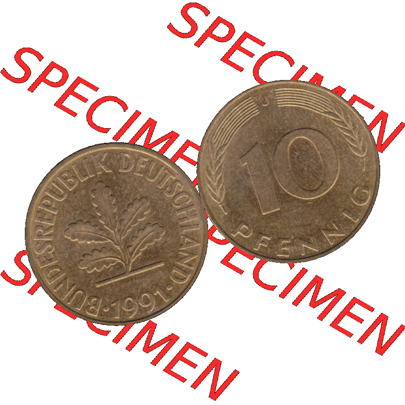 BRD Münzen 10 Pf. Umlaufmünze in PNG 1950-2001, 10 Pfennig der Bundesrepublik Deutschland 1991 Münzstätte Hamburg Mzz. J-01. Vorderseite und Rückseite... Sammlung