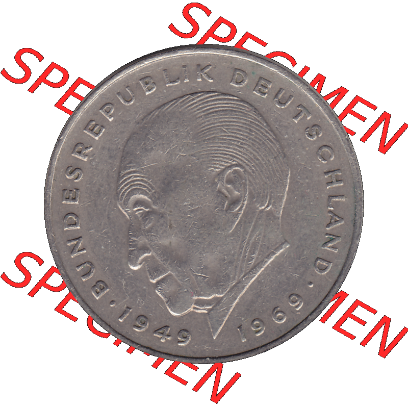 BRD Münzen 2 DM, Gedenkmünze in PNG 1969-1987, 2 DM, Deutsche Mark Konrad Adenauer 1973 Münzzeichen Mzz Stuttgart F-1. Rückseite mit Wert-Zahl von 2 Deutsche... Sammlung