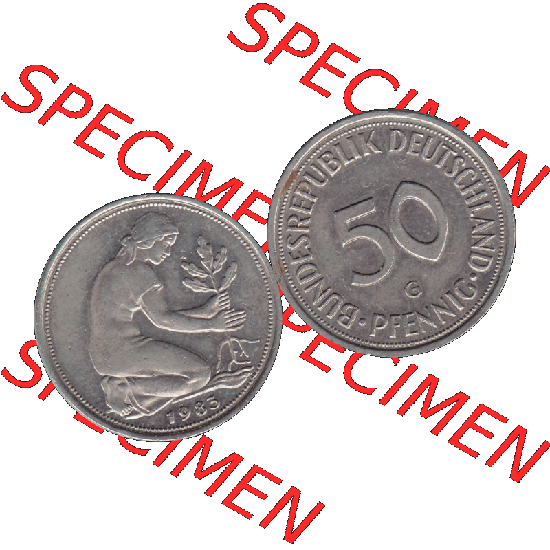 BRD Münzen 50 Pf. Umlaufmünze in PNG 1950-2001, 50 Pfennig BRD Deutschland 1983 Münzstätte Karlsruhe Mzz. G-01. 50 Pfennig Münze BRD der 1980-er Jahre.... Sammlung