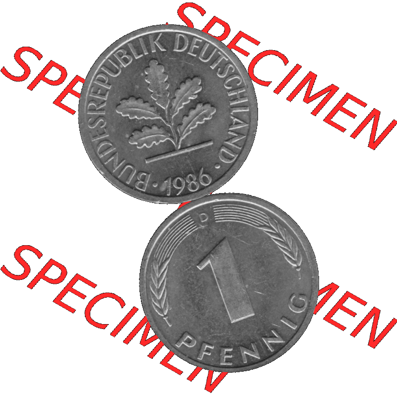 BRD Münzen 1 Pfennig Umlaufmünze in Graustufen PNG 1950-2001, 1 Pfennig 1986 München D-01. Graustufen-Bild erstellt aus Farbigen Bild mit Vorderseite und Rückseite auf... Sammlung