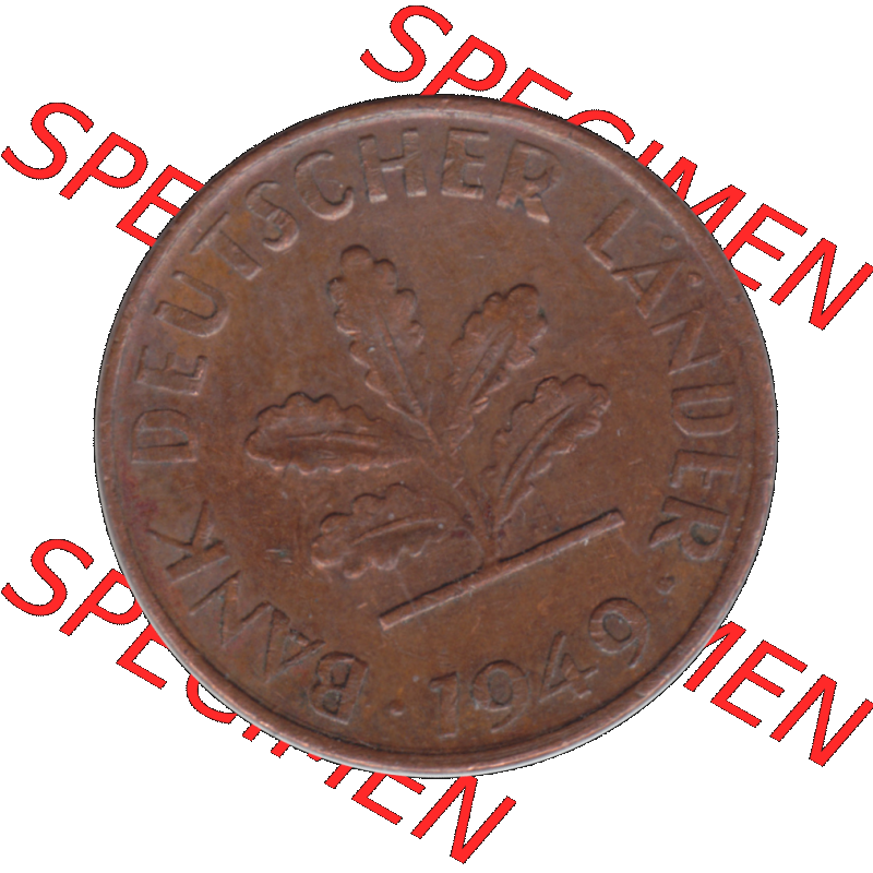 BRD Münzen 1 Pfennig Umlaufmünze in Farbigen PNG 1948-1949, 1 Pfennig 1949, 1950er Jahre Karlsruhe "G"-01. 1 Pfennig Münze der BRD, Vorderseite der digitalisierte... Sammlung