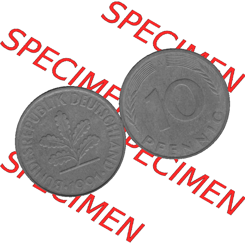 BRD Münzen 10 Pf. Umlaufmünze in PNG 1990-2001, 10 Pfennig 1991 A-04 Graustufen. Graustufen-Bilder der Vorderseite und Rückseite mit Wert-Zahl auf einen Bild / Foto... Sammlung