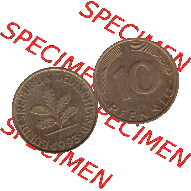 BRD Münzen 10 Pf. Umlaufmünze in PNG 1990-2001, 10 Pfennig 1993 A-01. Vorderseite und Rückseite mit Wert-Zahl auf einen Bild / Foto der digitalisierten 10 Pfennig... Sammlung