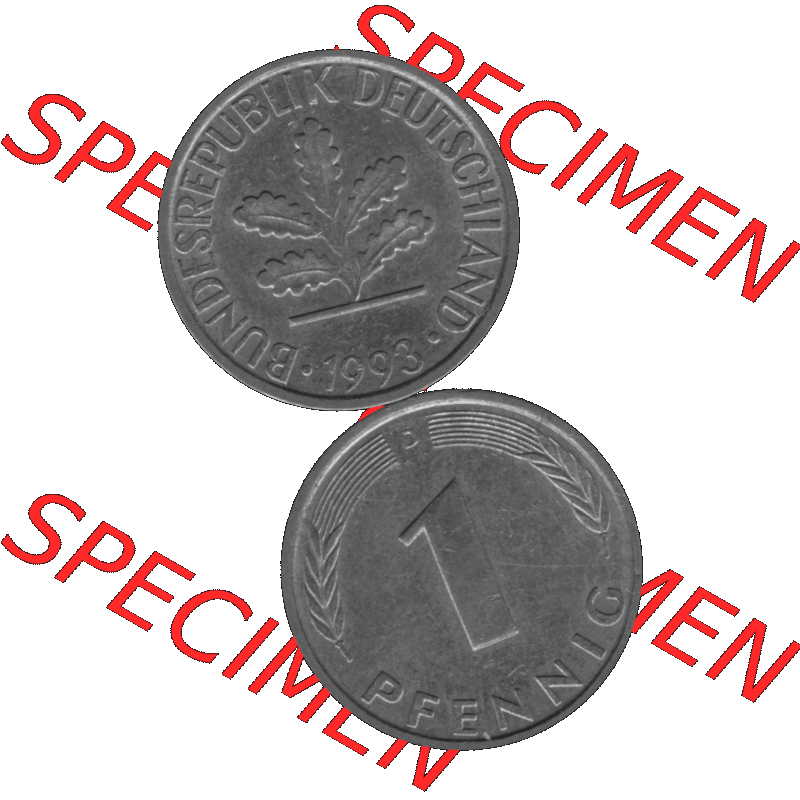 BRD Münzen 1 Pfennig Umlaufmünze in Graustufen PNG 1950-2001, 1 Pfennig 1993 München D-01. Graustufen-Bild erstellt aus Farbigen Bild mit Vorderseite und Rückseite auf... Sammlung