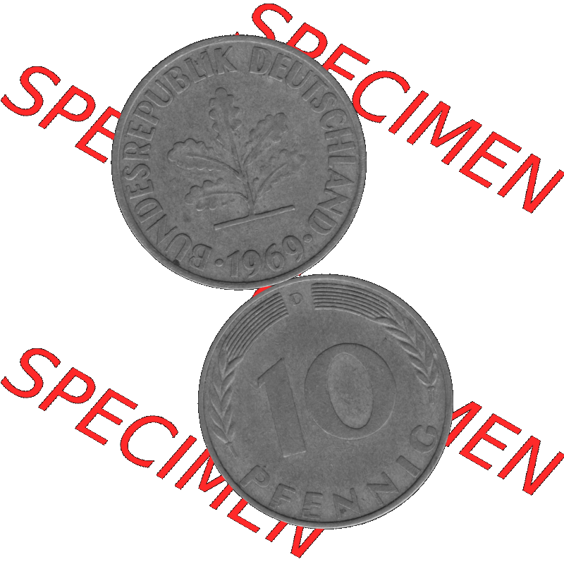 BRD Münzen 10 Pf. Umlaufmünze in PNG 1950-2001, 10 Pfennig 1969 D-01 Graustufen. Graustufen-Bild erstellt aus Farbigen Bild mit Vorderseite und Rückseite auf einen Bild... Sammlung