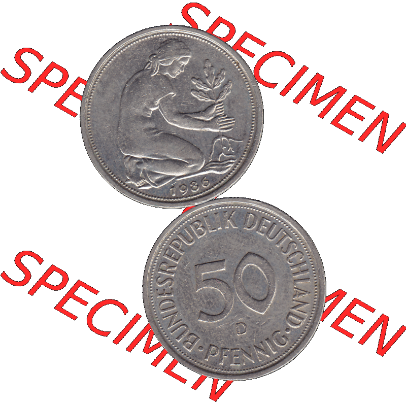 BRD Münzen 50 Pf. Umlaufmünze in PNG 1950-2001, 50 Pfennig BRD Deutschland 1986 D-01. Vorderseite und Rückseite auf einen Bild / Foto vertikal untereinander zusammengefügt,... Sammlung