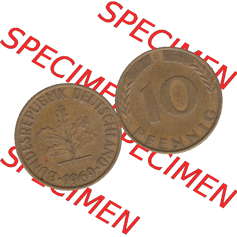 BRD Münzen 10 Pf. Umlaufmünze in PNG 1950-2001, 10 Pfennig 1969 D-01. Vorderseite und Rückseite mit Wert-Zahl auf einen Bild / Foto der digitalisierten 10 Pfennig... Sammlung