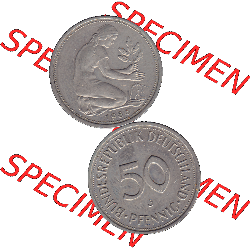 BRD Münzen 50 Pf. Umlaufmünze in PNG 1950-2001, 50 Pfennig 1986 J-01. Vorderseite und Rückseite auf einen Bild / Foto vertikal untereinander zusammengefügt,... Sammlung
