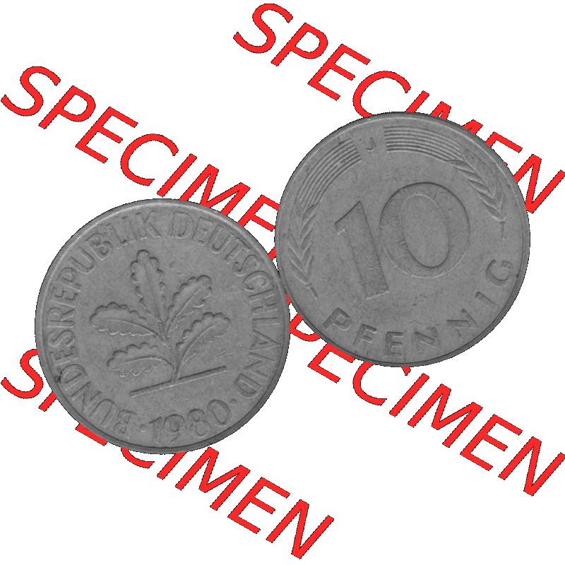 BRD Münzen 10 Pf. Umlaufmünze in PNG 1950-2001, 10 Pfennig 1980 J-01 Graustufen. Graustufen Bild aus zwei Bildern vom Scanner mit Vorderseite und Rückseite mit Wert-Zahl... Sammlung