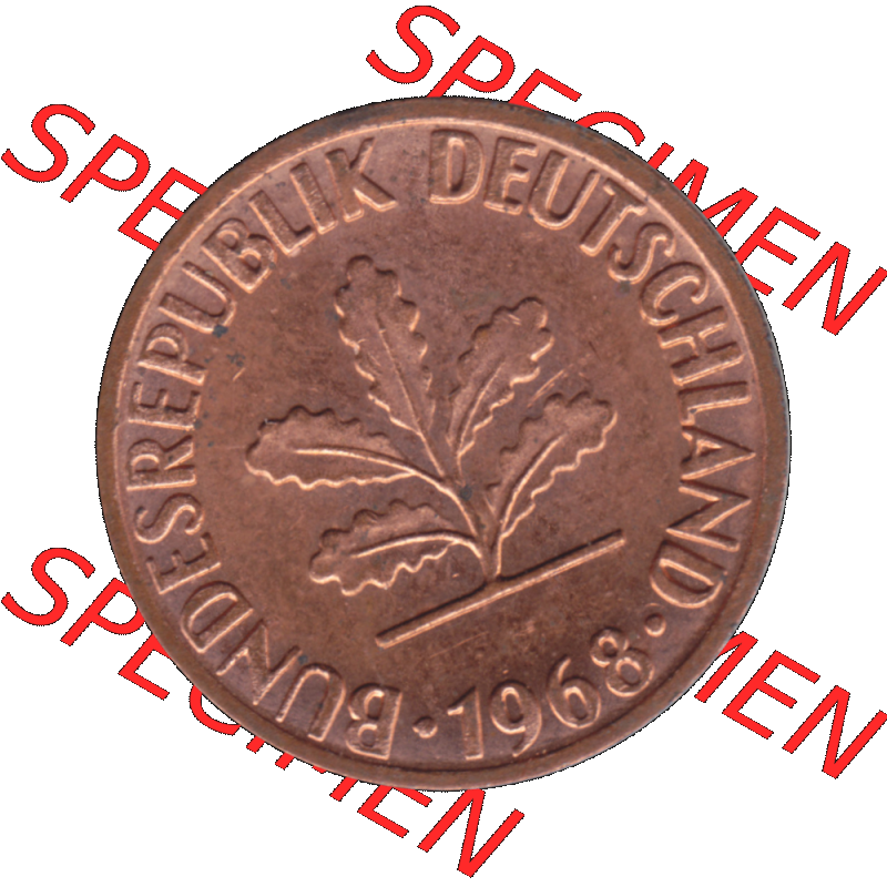 BRD Münzen 1 Pfennig Umlaufmünze in PNG 1950-2001, 1 Pfennig 1968, 1960er Jahre Stuttgart F-01. Vorderseite der digitalisierte 1 / Ein - Pfennig BRD F, mit Mzz.... Sammlung