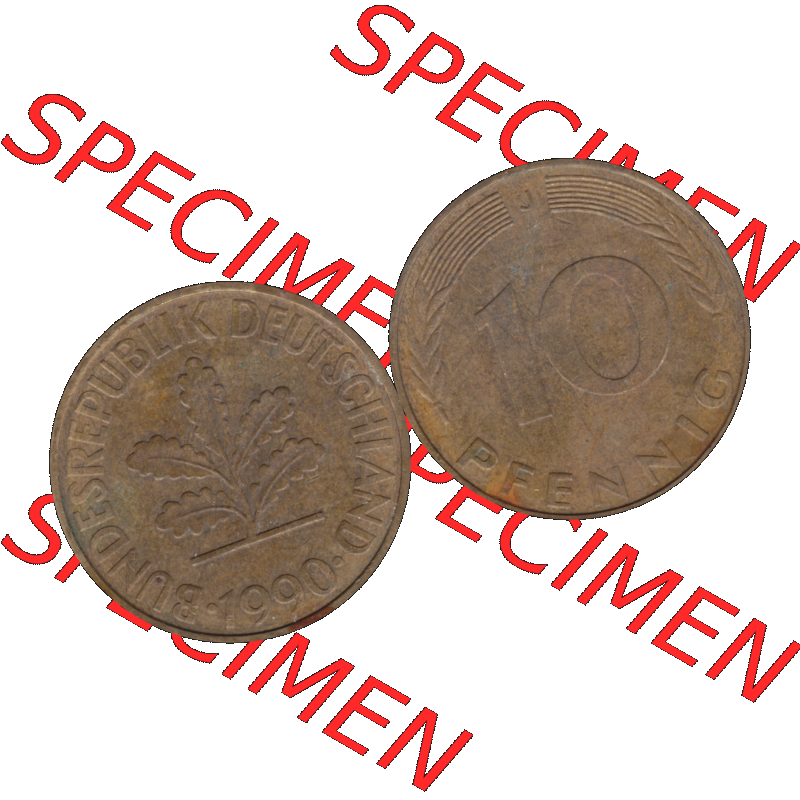 BRD Münzen 10 Pf. Umlaufmünze in PNG 1950-2001, 10 Pfennig der Bundesrepublik Deutschland 1990 Münzstätte Hamburg Mzz. J-02. Vorderseite und Rückseite... Sammlung