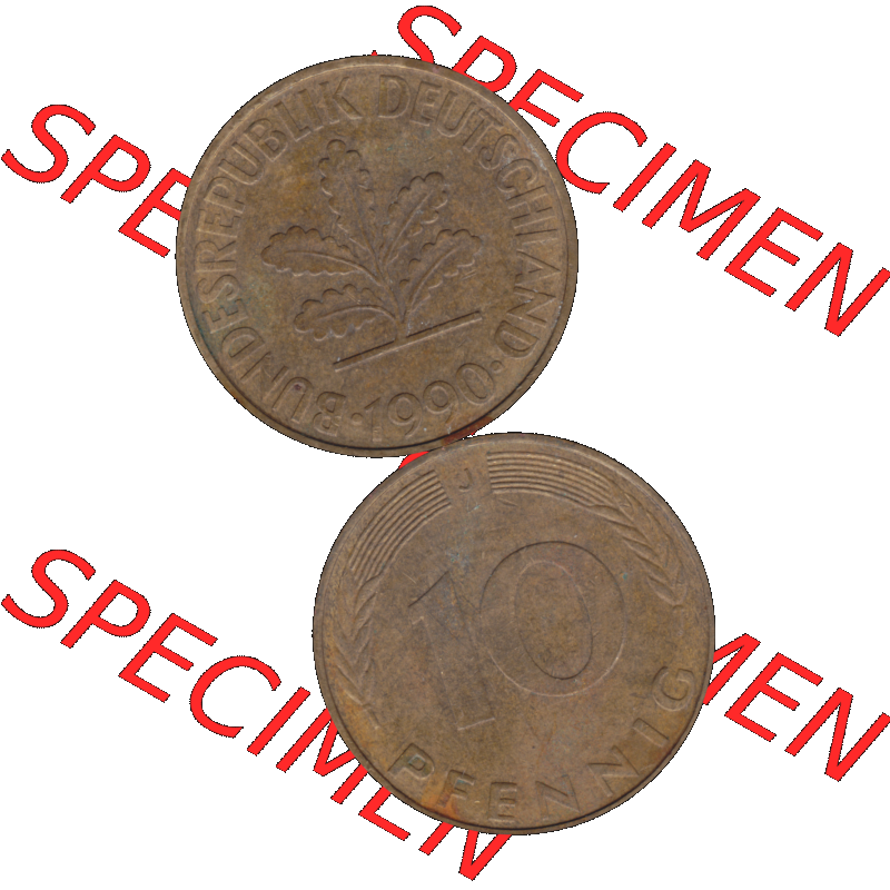 BRD Münzen 10 Pf. Umlaufmünze in PNG 1950-2001, 10 Pfennig der Bundesrepublik Deutschland 1990 Münzstätte Hamburg Mzz. J-02. Vorderseite und Rückseite... Sammlung