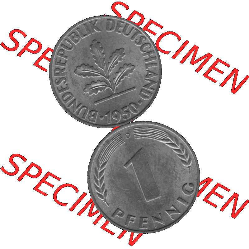 BRD Münzen 1 Pfennig Umlaufmünze in Graustufen PNG 1950-2001, 1 Pfennig 1950 München D-01. Graustufen-Bild erstellt aus Farbigen Bild mit Vorderseite und Rückseite auf... Sammlung