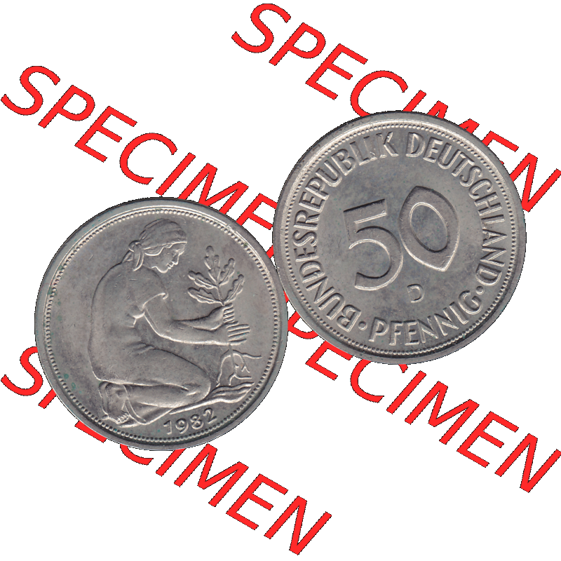 BRD Münzen 50 Pf. Umlaufmünze in PNG 1950-2001, 50 Pfennig BRD Deutschland 1982 Münzstätte München Mzz. "D"-01. 50 Pfennig Münze der 1980-er... Sammlung
