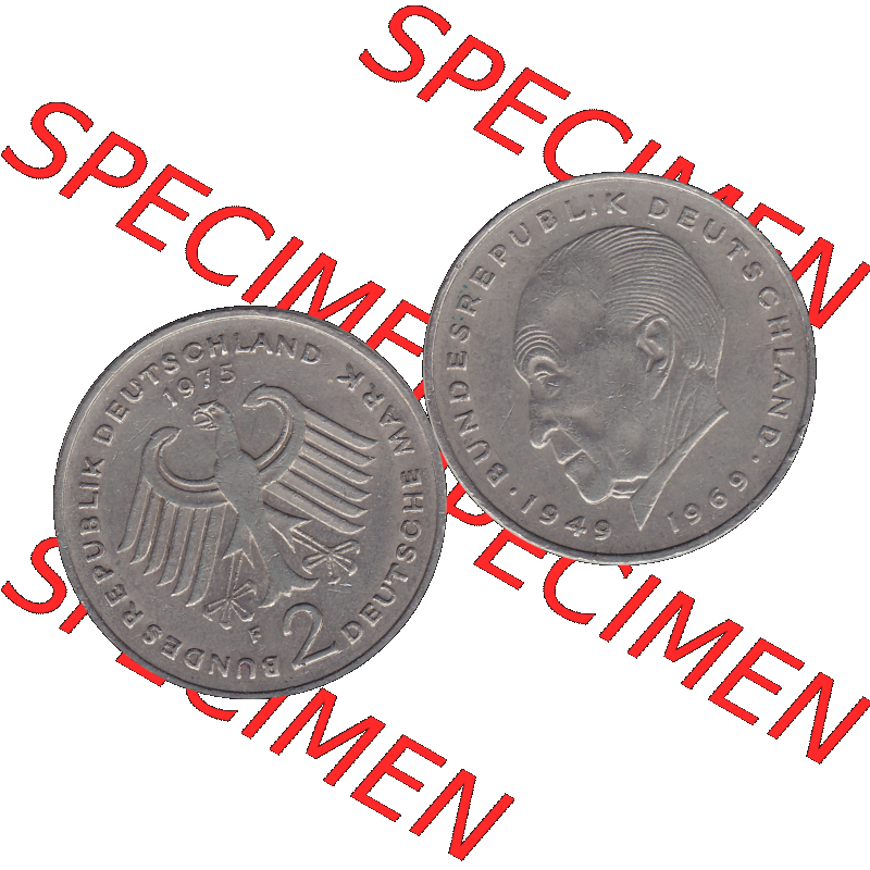 BRD Münzen 2 DM, Gedenkmünze in PNG 1969-1987, 2 DM, Deutsche Mark Konrad Adenauer 1975 Münzzeichen Mzz Stuttgart F-1. Vorderseite und Rückseite mit Deutschen... Sammlung
